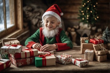 Laughing little boy with white hair with Christmas gifts, portrait