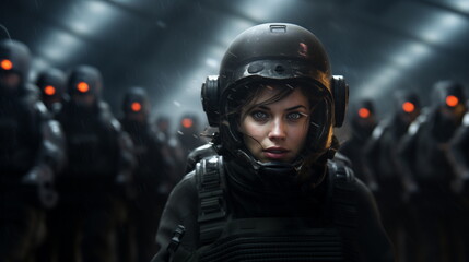 Sci-fi woman soldiers with futuristic space protective suit, expression of fear in fight battle, woman fantastic hero