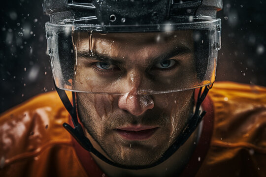 Ice hockey player sportsman in helmet serious facial expression Generative AI portrait closeup