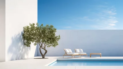 Foto op Canvas Luxury villa resort, blue swimming pool and sea, summer sky holiday, vacation travel, view water pool, beautiful nature, relax modern, background ocean, house architecture, white color, outdoor © Mars0hod