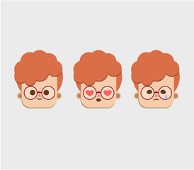 Vector cartoon boy face, smiley face, in love face, crying face, ginger boy in eyeglasses, child, kid, nerd