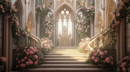 Fabulous Gothic palace, all in flowers and greenery. Wide staircases, columns and large windows in antique style, fairy tale - obrazy, fototapety, plakaty