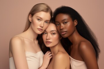 Multicultural women of different races, faiths and skin colors pose with makeup. Young women hug, friendship
