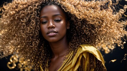 Portrait of a Beautiful Young Afro-American Woman with Gorgeous Golden Curly Long Hair