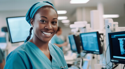 Woman Technician healthcare expert working in medical office. Portrait of emergency nurse in hospital. Generative Ai