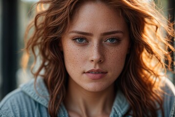 Naklejka premium Portrait of a beautiful girl with freckles and ginger hair