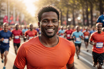Fototapeta premium Happy Runner: Young Afro-American Athlete Participating in Urban Mass Run