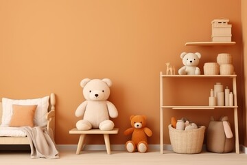 The interior of the children's room in Peach Fuzz  color. Shelf with toys and accessories for a child, soft toys, bears. 