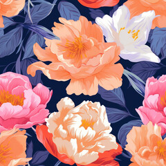 Vintage Elegance: A Peony Paradise in Navy Blue,seamless pattern with flowers
