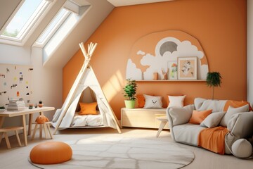 The interior of a modern children's room in the color of Peach Fuzz .  Color 2024