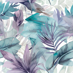 Tropicalia: A Watercolor Symphony of Exotic Leaves,blue and green leaves,blue and green plants,pattern with leaves,Seamless Pattern Images