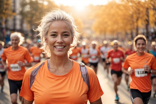 Happy European Scandinavian Woman with White Hair in Orange at a City Fun Run