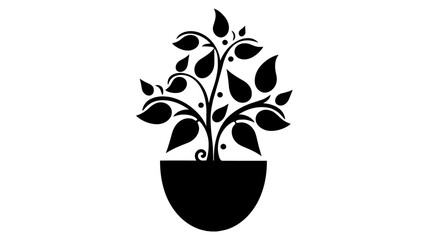 Flower, plant with leaves in pot. Black flowerpot icon on white background