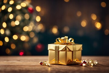 Golden Gift on Wooden Table with Christmas Tree
