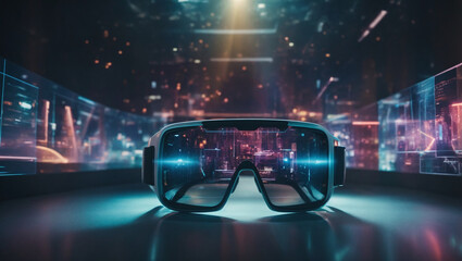 A holographic interface for a virtual reality experience, featuring augmented reality glasses and digital overlays.