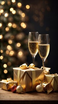 Champagne and Gift: Festive Atmosphere. Golden Details: Sparkle and Luxury.