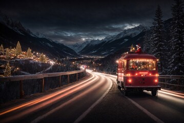 Festive Santa Truck on a Mountain Road in Christmas Night. Santa's Truck on a Mountain Road
