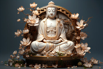 Buddha statue surrounded by flowers close-up