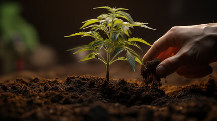 Planting and growing a hemp plant, cannabis legalization, small hemp plants cultivation | Generative AI