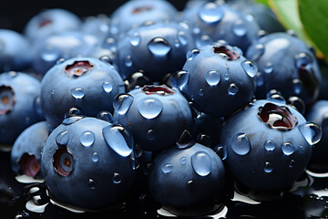 A close look at glistening blueberry fruit adorned with delicate water droplets, beautifully captured in close up macro photography. Ai generated
