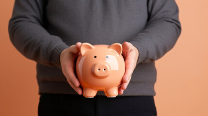 Hands holding a piggy bank. Savings, budget and money management concept