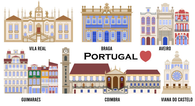 Set of Architectural landmarks of Portuguese European cities of Vila Real, BRAGA, Guimaraes, Coimbra, Viana do Castelo, Aveiro, flat illustrations for banners, souvenir cards, print on mugs plates.