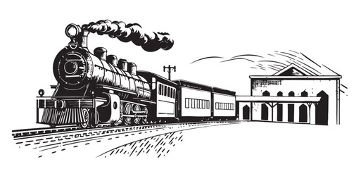 Old Train station vintage ,hand drawn sketch in doodle style illustration