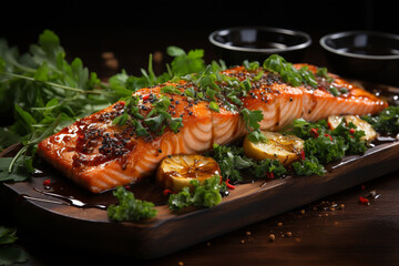 A mouthwatering display of expertly prepared salmon, captured in high quality product photography. Ai generated