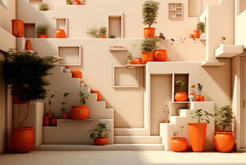 Exterior of the house is beige with stairs and decor in the form of orange plant pots
