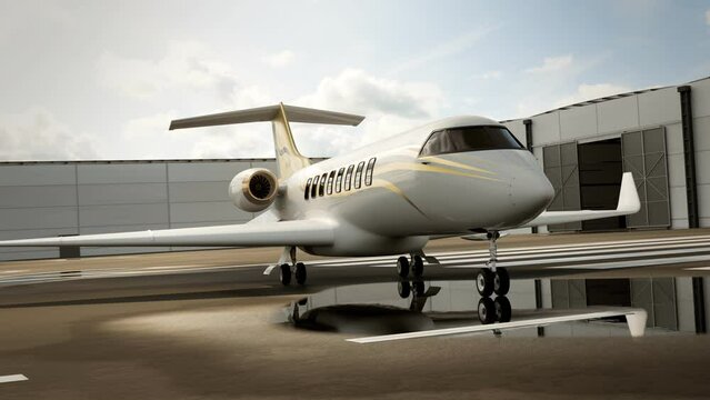 Luxurious passenger aircraft standing on a wet tarmac in front of a hangar.