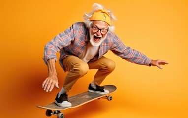 A smiling happy and playful elderly man doing tricks with his skateboard - obrazy, fototapety, plakaty