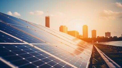 Urban Sustainability: Solar Panels Against City Skyline at Sunset