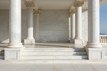 Fototapeta na wymiar Stone columns colonnade and marble stairs detail. Classical pillars row, building entrance