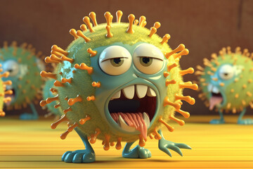 Fototapeta premium Cute blue virus character. 3d render illustration on blue background