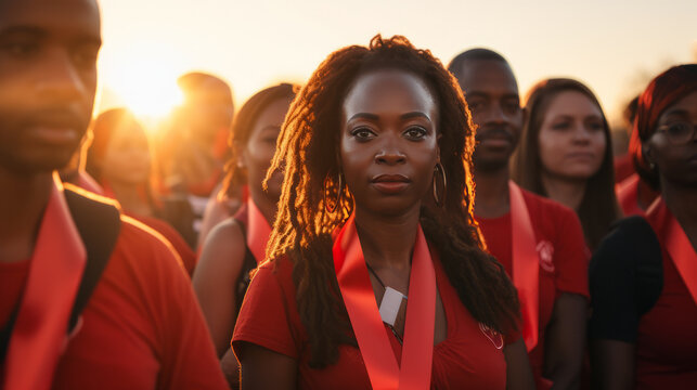 People in Red Ribbon at  World AIDS Day Commemoration. Women and Men Wearing Red Ribbon in Community of AIDS Day Awareness Event in Blurred Outdoor Group at Sunset.  