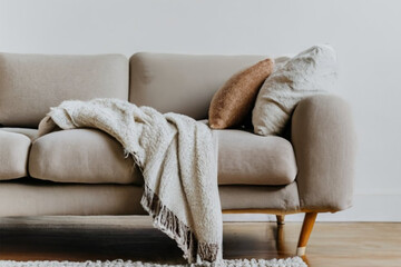 Cozy Blanket on Minimal Sofa Isolated on White background, photo, poster Ai Image