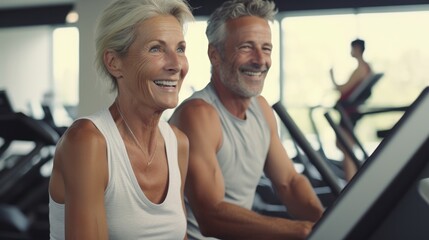 Fototapeta na wymiar Mature couple smiling while exercising on treadmills in a gym.