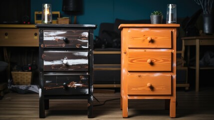 Distressed black dresser beside a vibrant orange chest of drawers in a cozy room setting.