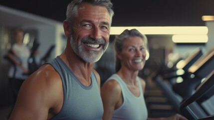 Fototapeta na wymiar oyful senior couple on treadmills at a fitness club.