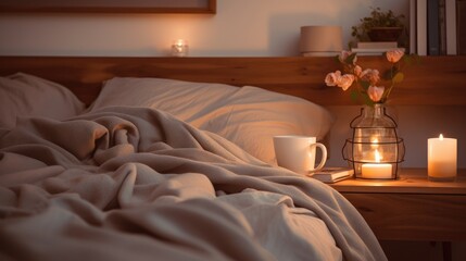 Inviting bedroom with soft linens, a cup of tea, and the warm glow of candlelight on a bedside table.