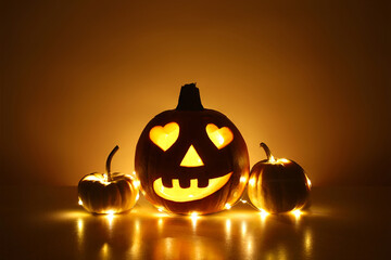 Halloween cute jack-o-lantern with smile and heart-shaped eyes and two little pumpkins wrapped...