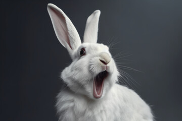 Obraz premium Cute white rabbit on grey background, closeup. Easter bunny