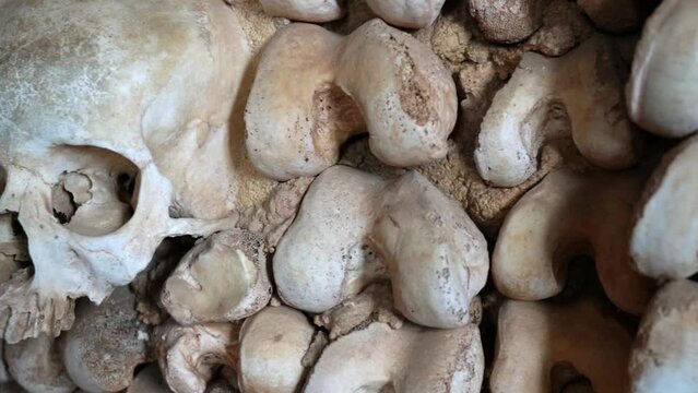 Details of the Capela dos Ossos inside the Church of Carmo in Faro. Algarve Portugal. Close up