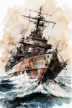 Battleship Tempest, Sketch in watercolors captures a stormy sea, a warship's resilience, and the fury of nature 3d illustration high quality