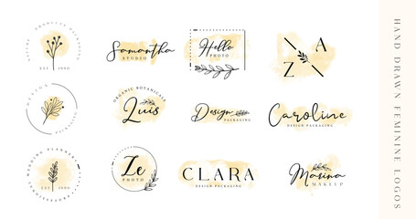 Vector hand drawn feminine logo templates set.	

