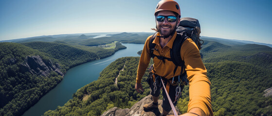 Happy rock climber taking selfie on mountain top. Extreme sport concept. - obrazy, fototapety, plakaty