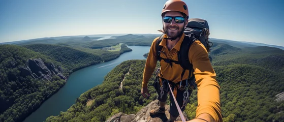Fotobehang Happy rock climber taking selfie on mountain top. Extreme sport concept. © Allistair/Peopleimages - AI