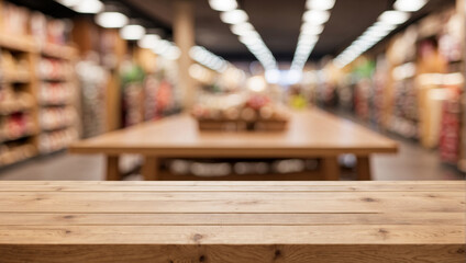 Obraz premium Empty wooden table in Supermarket and blurred background