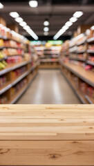 Fototapeta premium Empty wooden table in Supermarket and blurred background