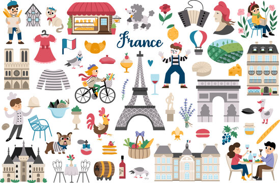 France symbols vector set. Big collection with French sights, food, Eiffel tower, people, baguette, croissant. Cute Paris icons with palaces, castle, mime, macaroon, bakery, Marianne.